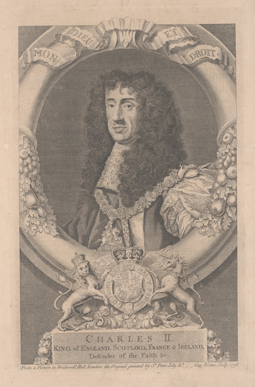 Karel II., král Anglie, Skotska, Francie a Irska, vyryl George Vertue (1684-1756) od Peter Lely