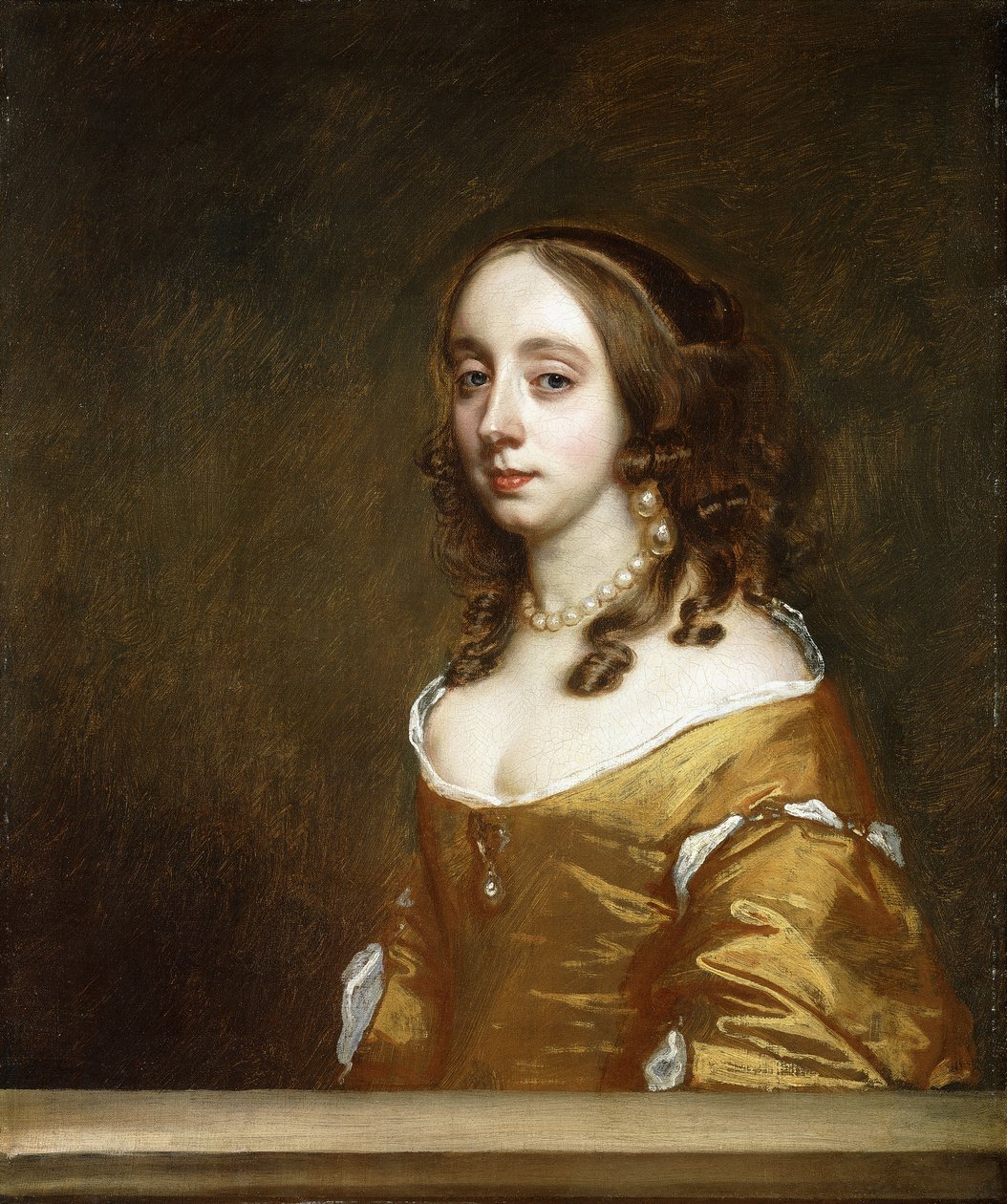 Portrét dámy z Popham Family, poloviční, za křídlem, v oranžových šatech, od Peter Lely
