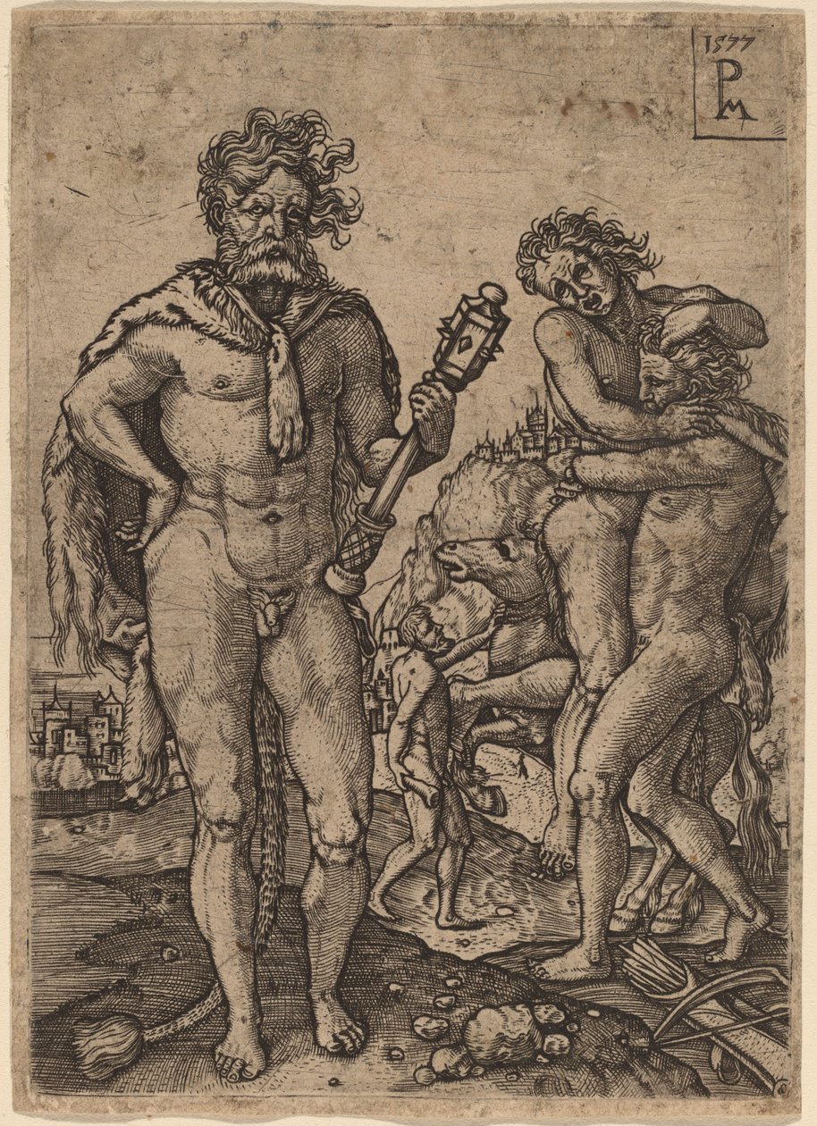 Herkules a Antaeus od Peter Maes after Heinrich Aldegrever