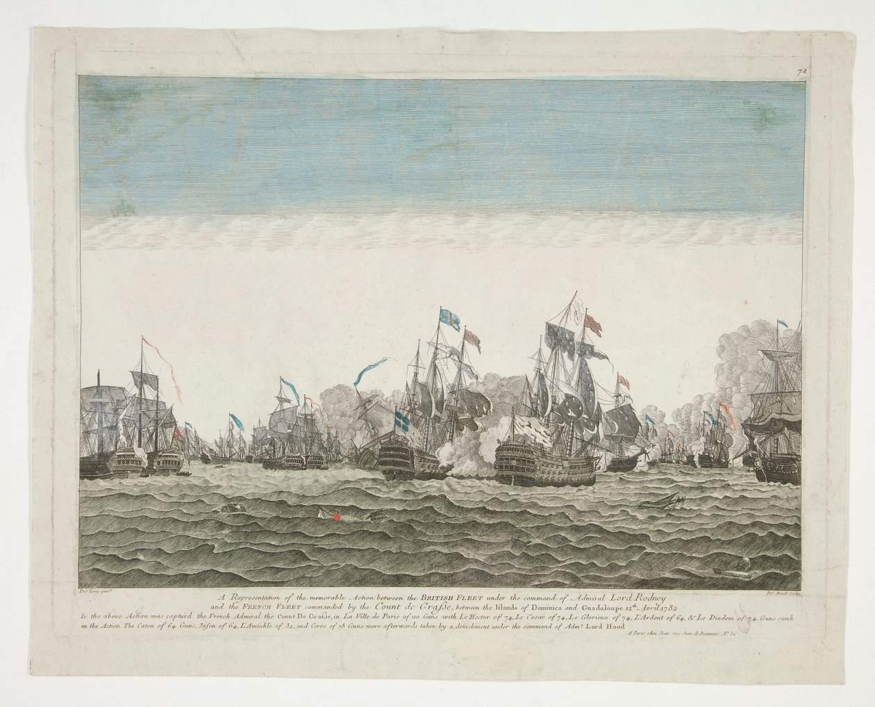 Reprezentace památné akce mezi britskou flotilou pod velením admirála lorda Rodneyho a francouzskou flotilou pod velením hraběte de Graffe mezi ostrovy Domenica a Guadaloupe 12. dubna 1782 od Peter Mazell