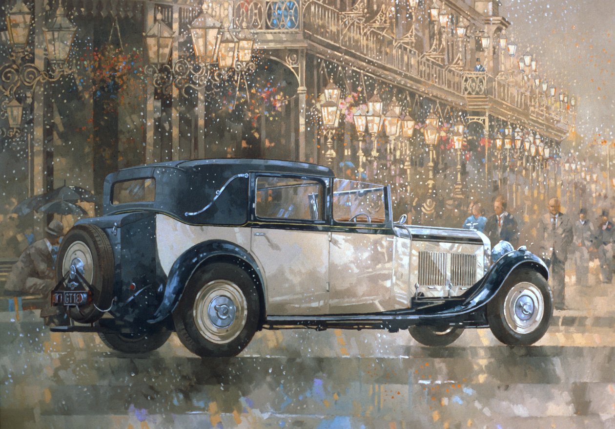 Vánoční osvětlení a 8litrové Bentley (olej na plátně) od Peter Miller