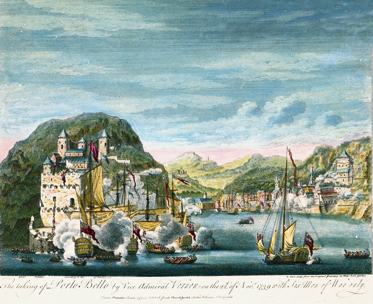 Jenkinsova válka o ucho: "Dobytí a zničení Porto Bello 21. 11. 1739" Odehrála se v Karibiku a střetly se v ní koloniální flotily a vojska Království Velké Británie a Španělska. od Peter Monamy