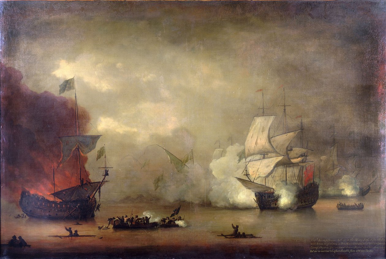 Námořní bitva mezi lodí HMS "Mary Rose" Královského námořnictva a sedmi pirátskými alžírskými loděmi u pobřeží Tangeru (Maroko) 8. prosince. od Peter Monamy