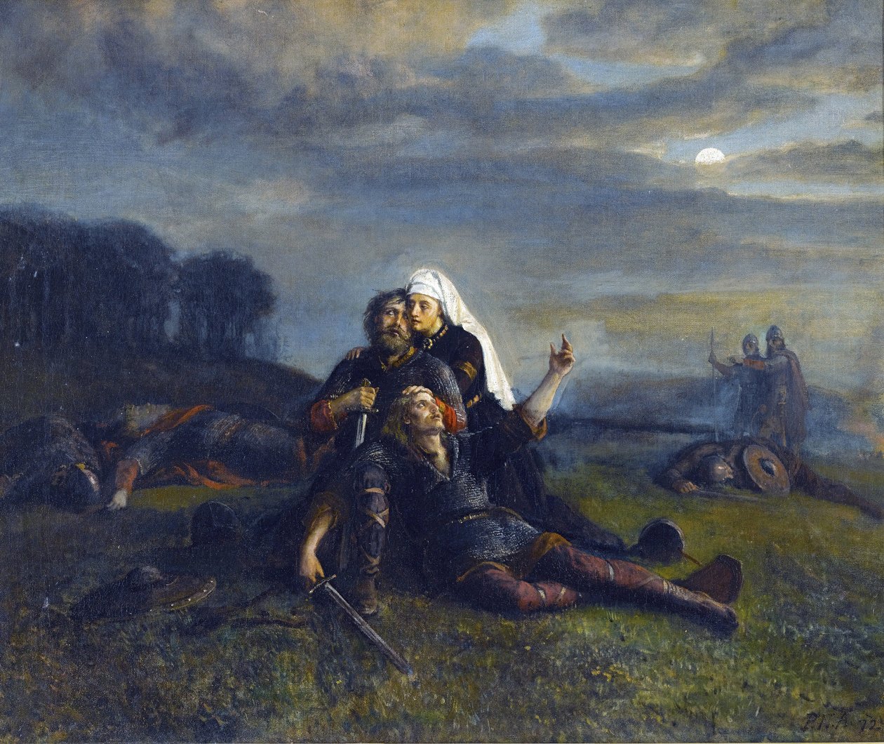 Bitva u Stiklestadu (29. července 1030) - Po bitvě - Peter Nicolai Arbo (1831-1892), - Olej na plátně, 51x61,5 - Soukromá sbírka od Peter Nicolai Arbo
