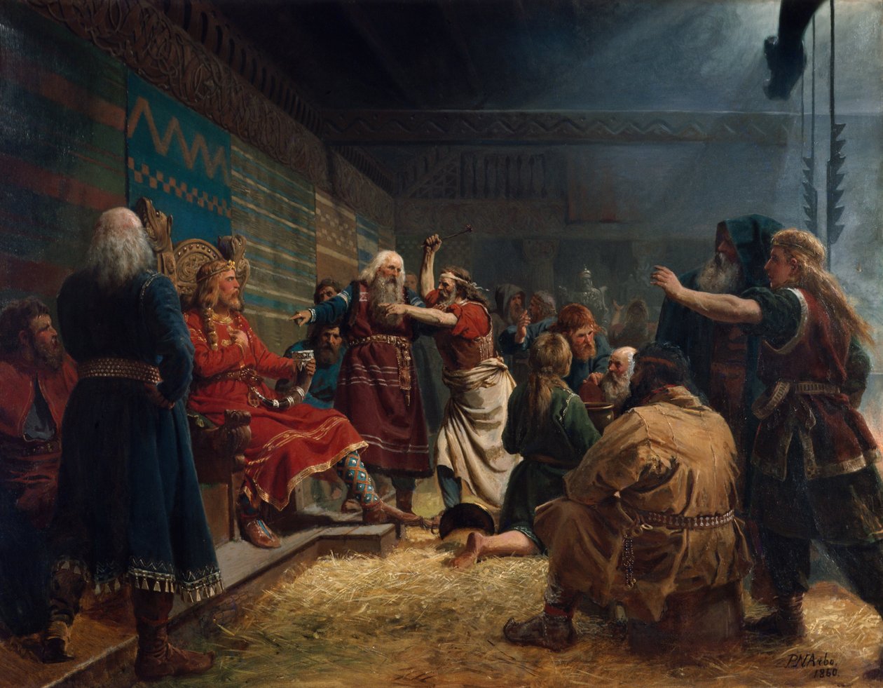 Haakon dobří a farmáři při obětování klece od Peter Nicolai Arbo