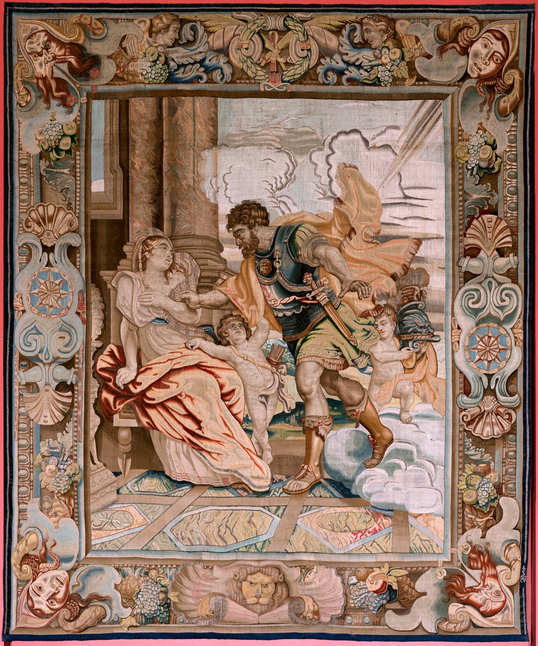 Vlámský gobelín. Cyklus Historie konzula Decia Mus. Mars se zjevuje Rhee Silvii (Aparición de Marte a Rea Silvia). Osmý gobelín v sérii. Model PP Rubens. Výroba Jan Raes II, Brusel. Ca1620-1629. Tkanina Zlato, stříbro, hedvábí a vlna. od Peter Paul (after) Rubens
