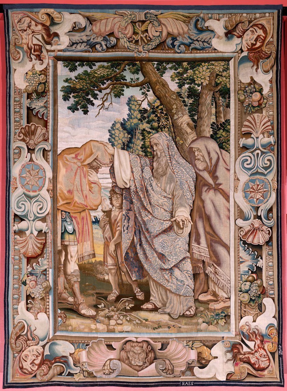 Vlámský gobelín. Řada Historie konzula Decia Mus. Valerius žehná Deciovi. Čtvrtá tapisérie v sérii. Model PP Rubens. ; Výroba Jan Raes II, Brusel. Přibližně 1620-1629. Tkanina Zlato, stříbro, hedvábí a vlna. Rozměr 405 x 330 cm. Umístění Royal Pal od Peter Paul (after) Rubens