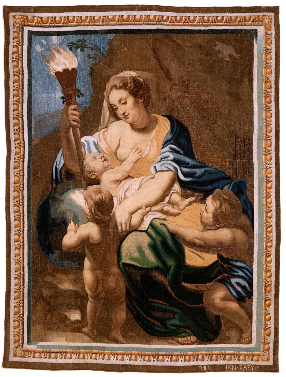 Vlámský gobelín. Seriál Triumf eucharistie. Alegorie lásky osvěcující svět (Alegoría de la Caridad iluminando al mundoà. Dvacátá tapisérie v sérii. Model Peter Paul Rubens. 1626-1628. Výroba Jan II Raes, Brusel od Peter Paul (after) Rubens