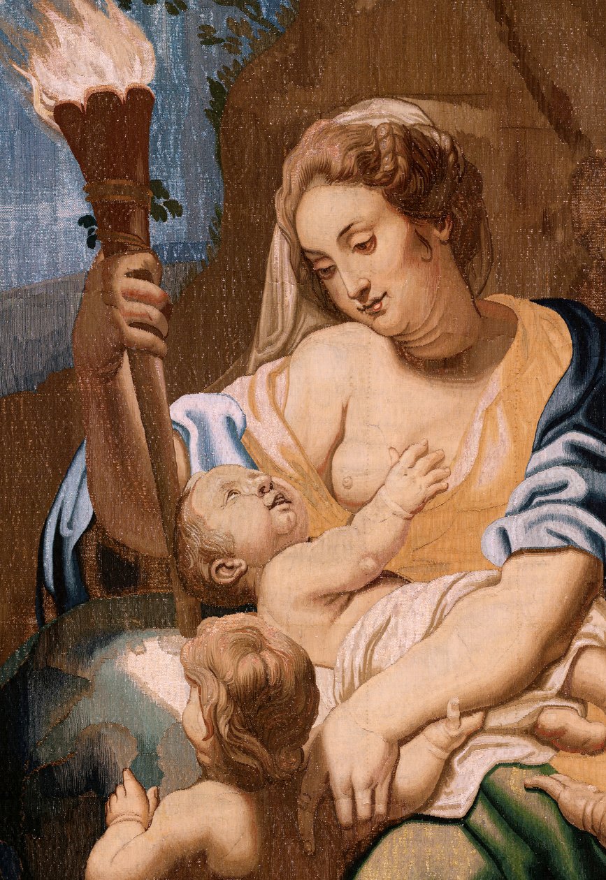 Vlámský gobelín. Seriál Triumf eucharistie. Alegorie lásky osvěcující svět (Alegoría de la Caridad iluminando al mundoà. Dvacátá tapisérie v sérii. Model Peter Paul Rubens. 1626-1628. Výroba Jan II Raes, Brusel od Peter Paul (after) Rubens