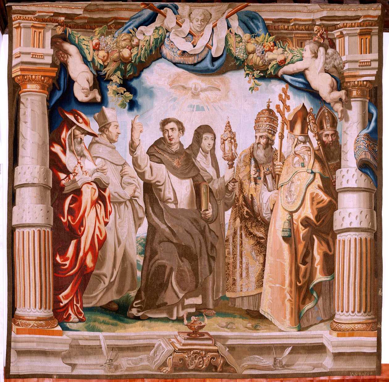 Vlámský gobelín. Seriál Triumf eucharistie. Obránci eucharistie (os defensores de la Eucaristia). Desátá tapisérie v sérii. Model Peter Paul Rubens. 1626-1628. Výroba Jan II Raes, Hans Vervoert, Jacques Fobert, Brusel od Peter Paul (after) Rubens