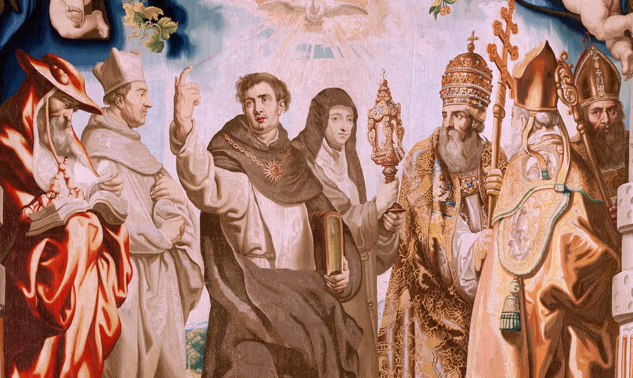 Vlámský gobelín. Seriál Triumf eucharistie. Obránci eucharistie (os defensores de la Eucaristia). Desátá tapisérie v sérii. Model Peter Paul Rubens. 1626-1628. Výroba Jan II Raes, Hans Vervoert, Jacques Fobert, Brusel od Peter Paul (after) Rubens
