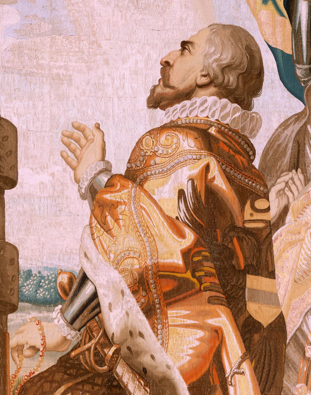 Vlámský gobelín. Seriál Triumf eucharistie. Civilní pozice v uctívání (Las jerarquías civiles en adoración). Šestnáctá tapisérie v sérii. Model Peter Paul Rubens. 1626-1628. Výroba Jan II Raes, Jacques Fobert a Jan Vervoert, Brusel od Peter Paul (after) Rubens
