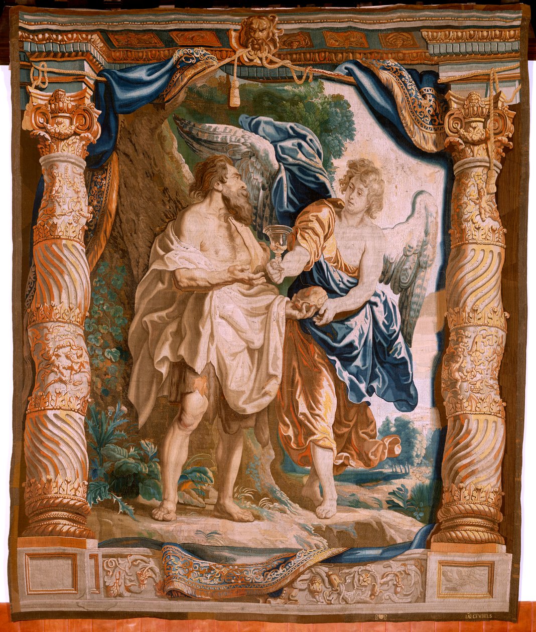 Vlámský gobelín. Seriál Triumf eucharistie. Prorok Eliáš je utěšován andělem (El profeta Elías confortado por el ángel). Pátá tapisérie v sérii. Model Peter Paul Rubens. 1626-1628. Výroba Jacob II Geubels, Brusel od Peter Paul (after) Rubens