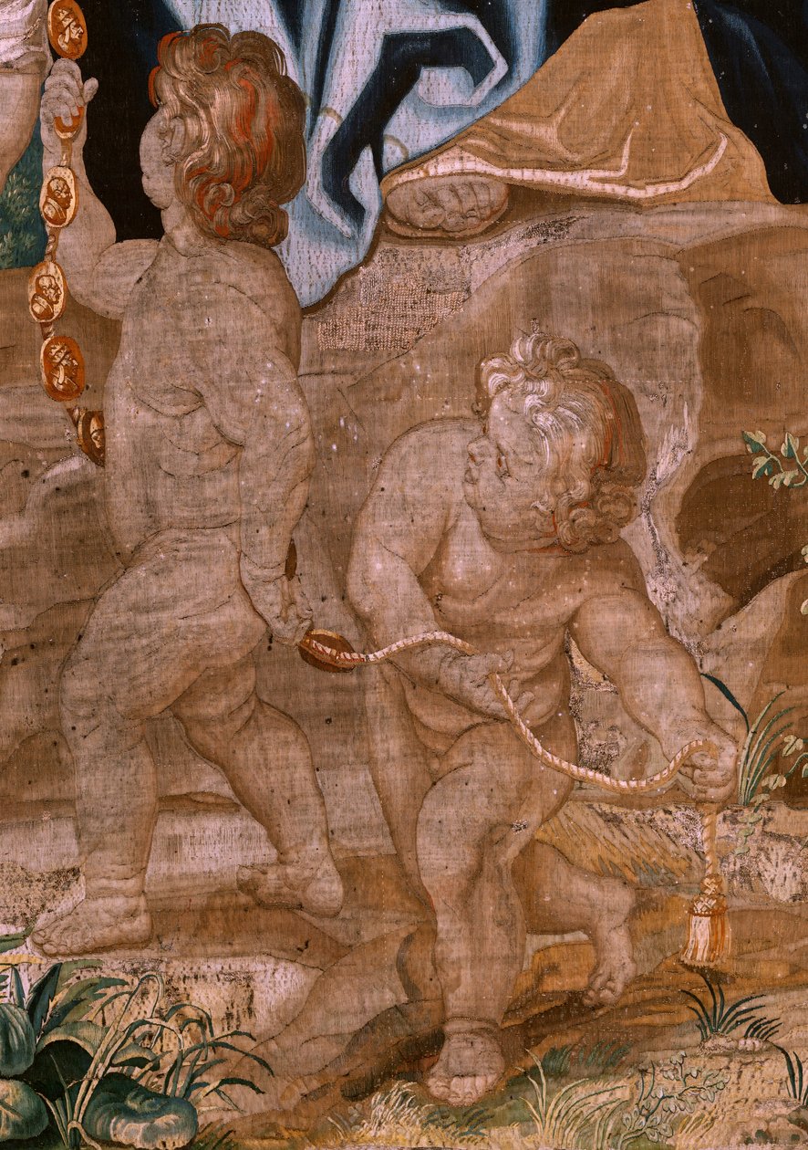 Vlámský gobelín. Seriál Triumf eucharistie. Posloupnost papežů (La sucesión de los papas). Osmnáctá tapisérie v sérii. Model Peter Paul Rubens. 1626-1628. Výroba Jan II Raes, Hans Vervoert, Brusel od Peter Paul (after) Rubens