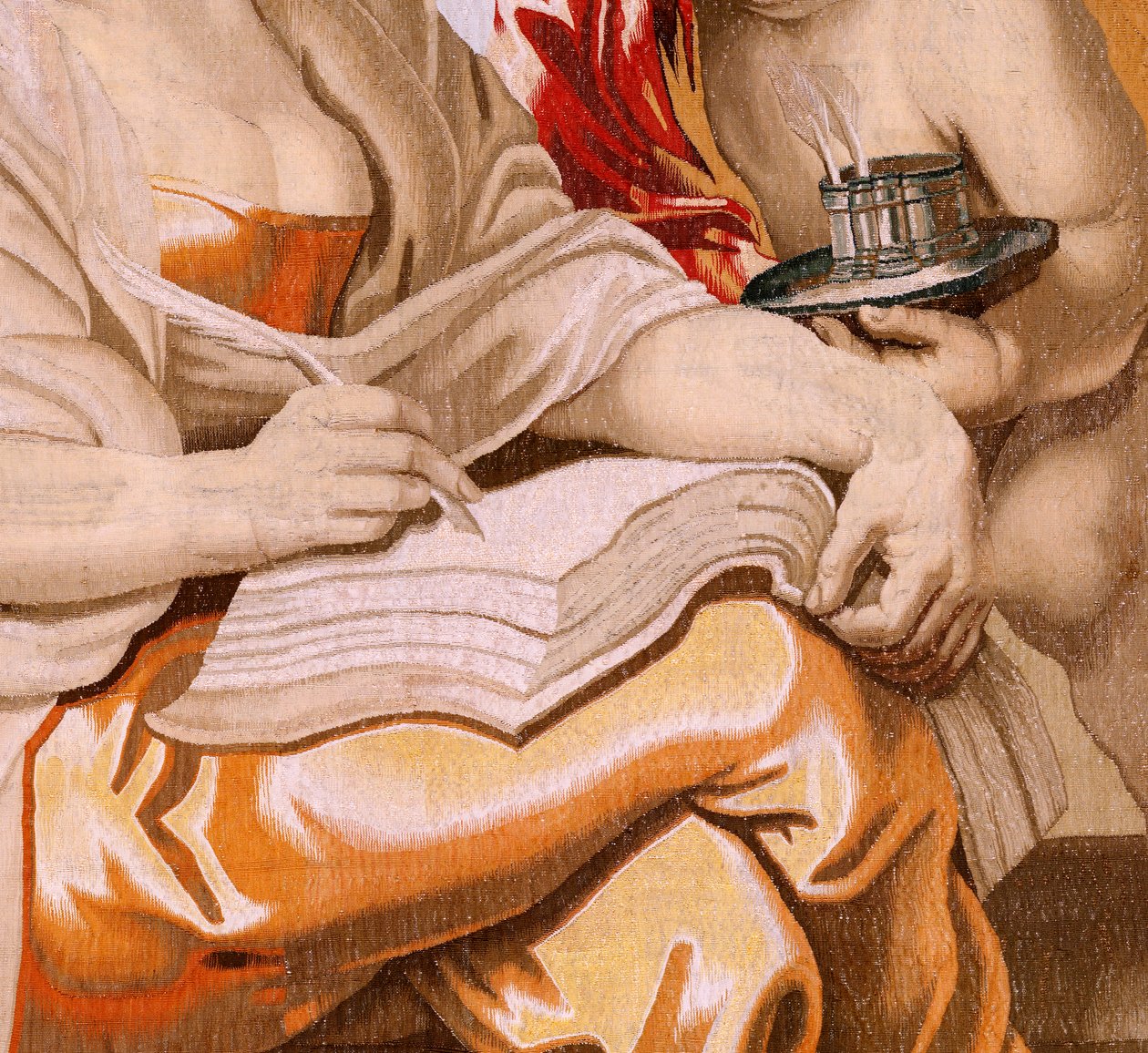 Vlámský gobelín. Seriál Triumf eucharistie. Moudrost je inspirována Duchem svatým (La Sabiduría inspirada por el Espíritu Santo). Devatenáctá tapisérie v sérii. Model Peter Paul Rubens. 1626-1628. Výroba Jacob II Geubels, Brusel od Peter Paul (after) Rubens