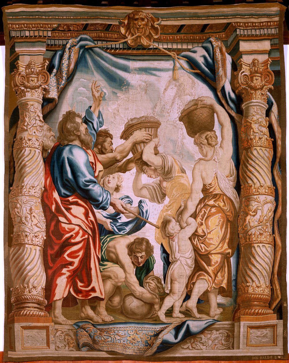 Vlámský gobelín. Pád manny v poušti (La caída del maná en el desierto). Seriál Triumf eucharistie. Třetí tapisérie v sérii. Model Peter Paul Rubens. 1626-1628. Výroba Jan II Raes, Jacob II Geubels, Hans Vervoert, Ja od Peter Paul (after) Rubens