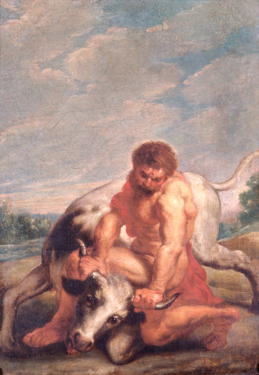 Herkules zápasí s Achelous v podobě býka (olej na plátně) od Peter Paul (after) Rubens