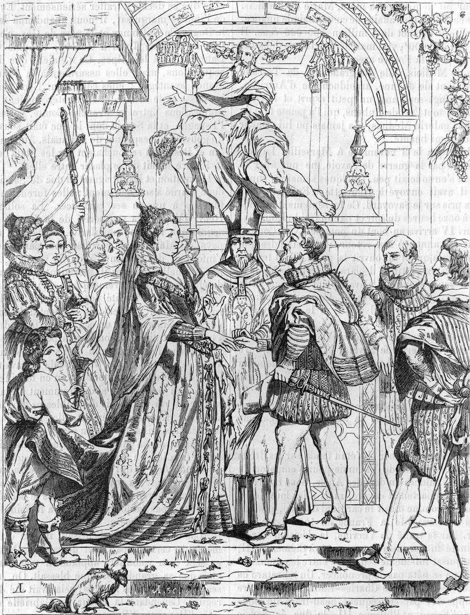 Sňatek Marie de Medicis (1576-1642) v zastoupení s Jindřichem IV ve Florencii, 5. října 1600. Rytina Pierre Paul (Pierre-Paul) Rubens (nebo Peter Paul nebo Petrus Paulus) (1577-1640). od Peter Paul (after) Rubens