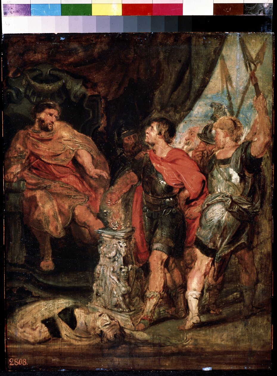 Mucius Scaevola devant Porsenna (Mucius Scaevola před Porsennou). Caius Mucius Scaevola, mladý patricijské římské zachycení par la garde royale de Porsenna (Porsinna, Porsena) od Peter Paul (studio of) Rubens