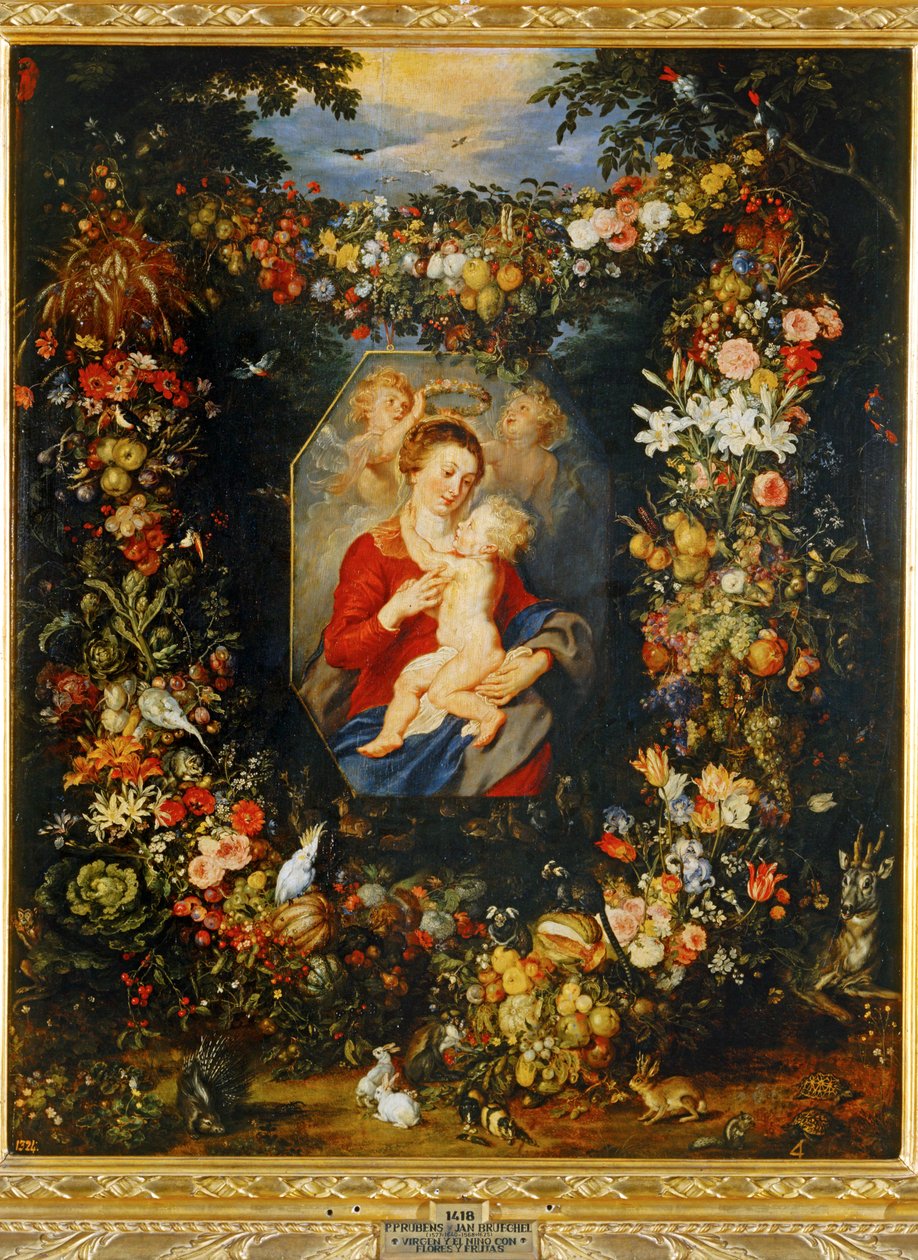 Panna Maria s dítětem s věncem z květin a ovoce... od Peter Paul & Brueghel Jan (1601 78) Rubens