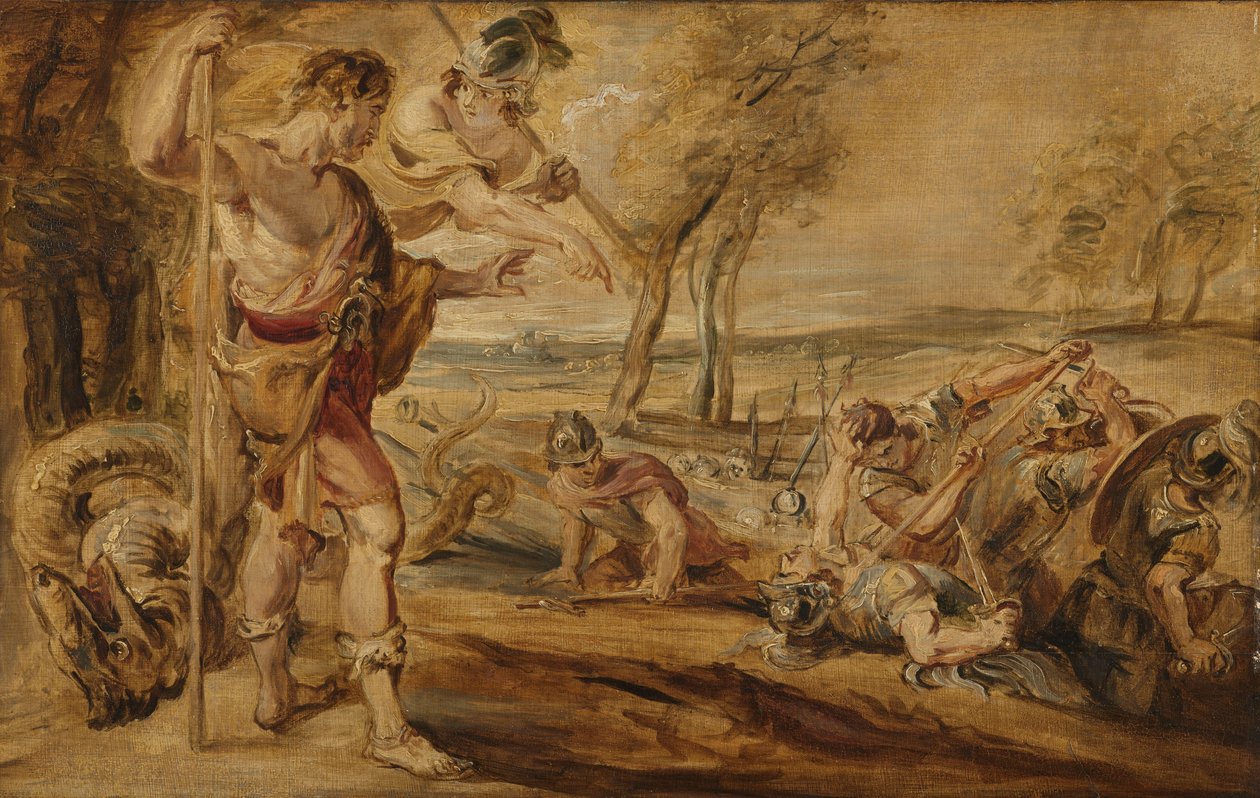Cadmus, vedený Minervou, pozoruje boj Spartoi od Peter Paul Rubens (after)