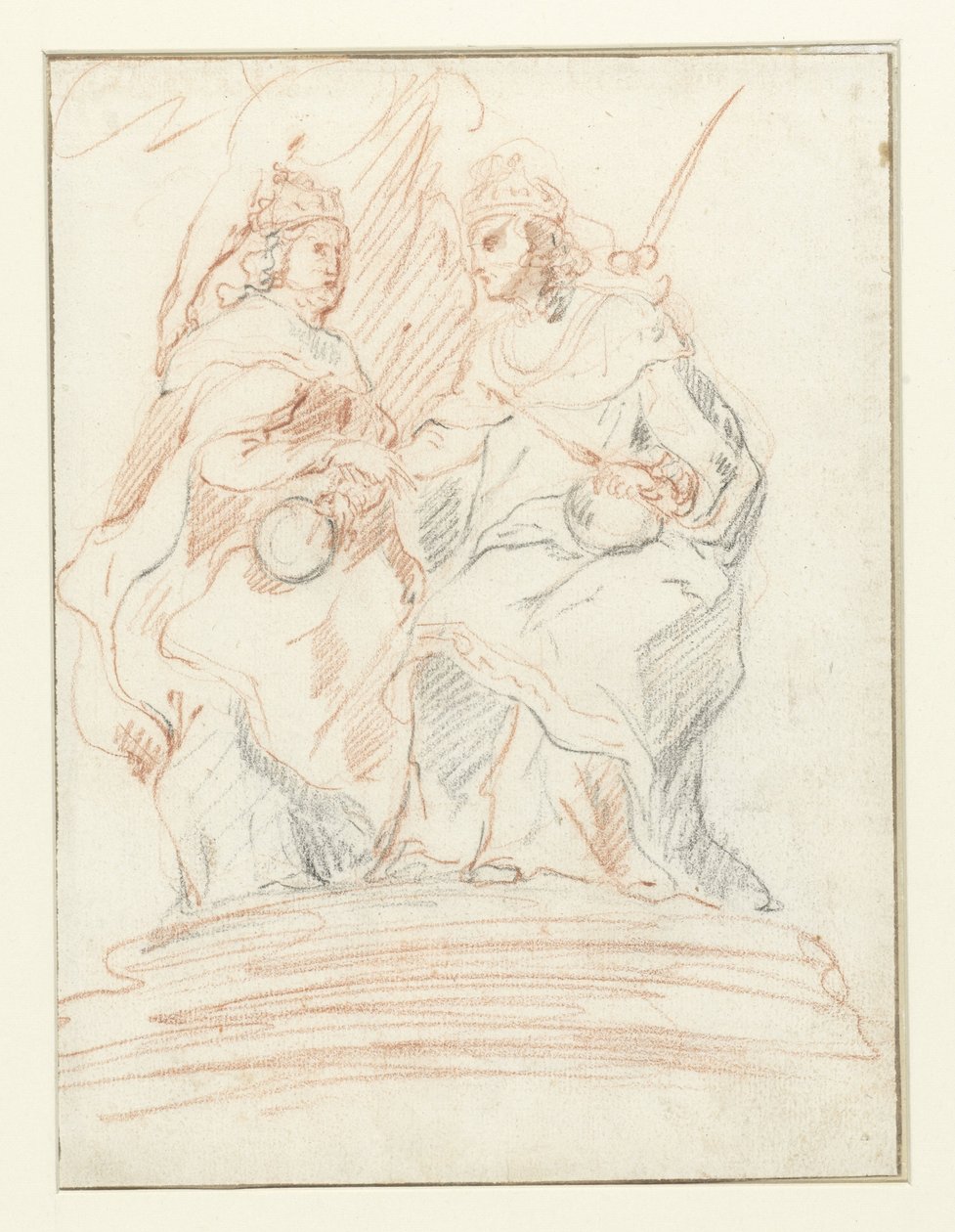 Král a královna na trůnu, za nimi stojí Fama Kristus a Marie od Peter Paul Rubens (possibly)