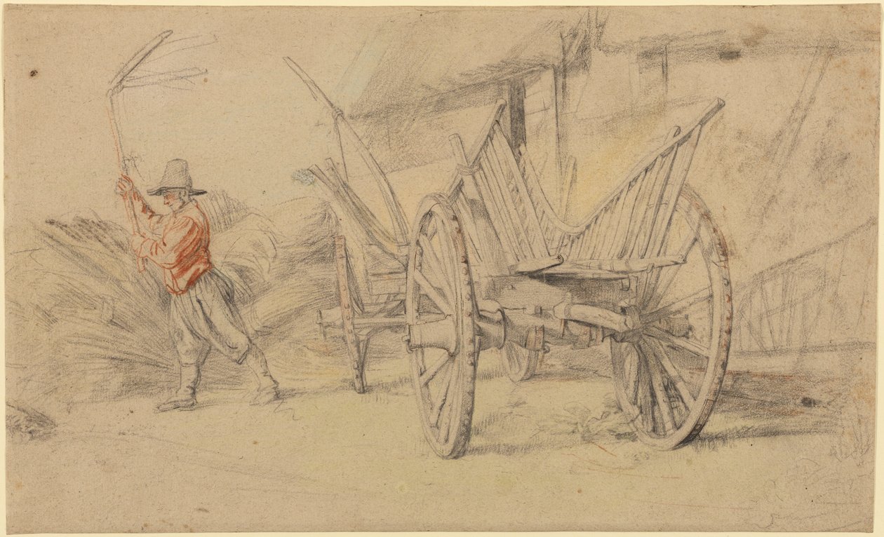 Muž mlátící vedle vozu, za ním hospodářská stavení od Peter Paul Rubens