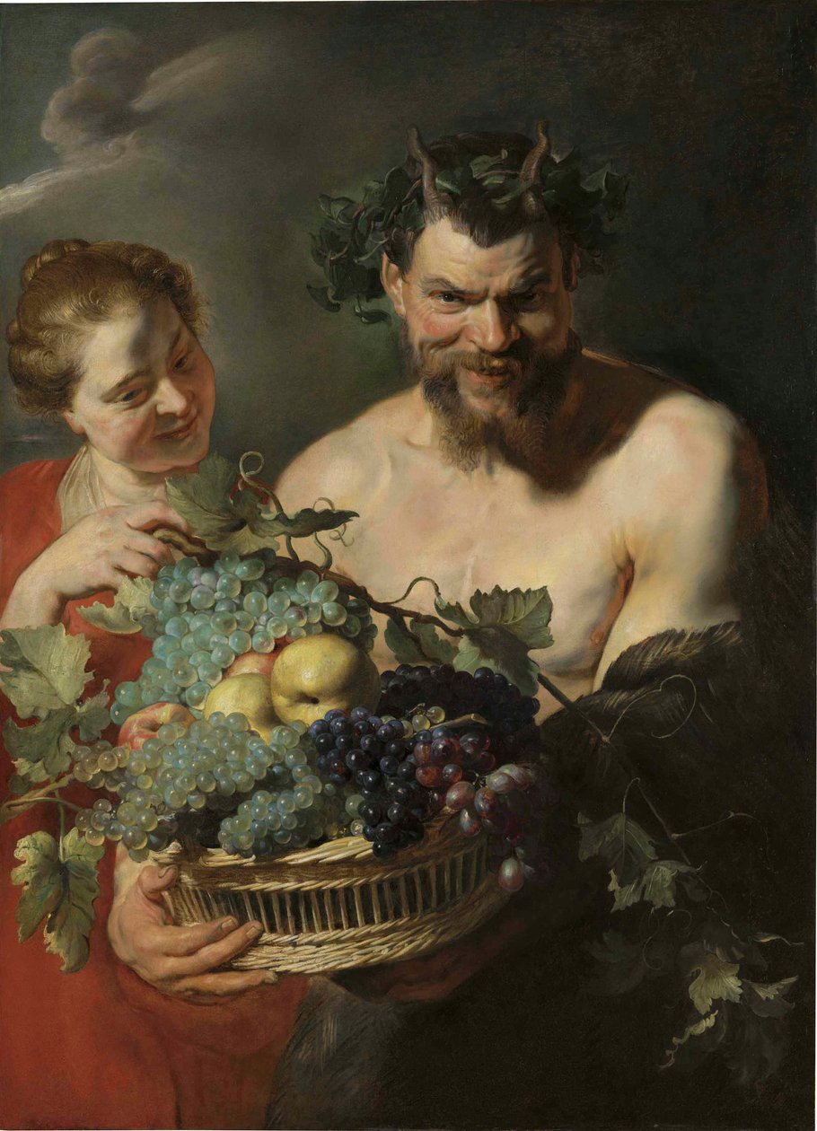 Satyr s košíkem hroznů a kdoulí s nymfou, Peter Paul Rubens od Peter Paul Rubens