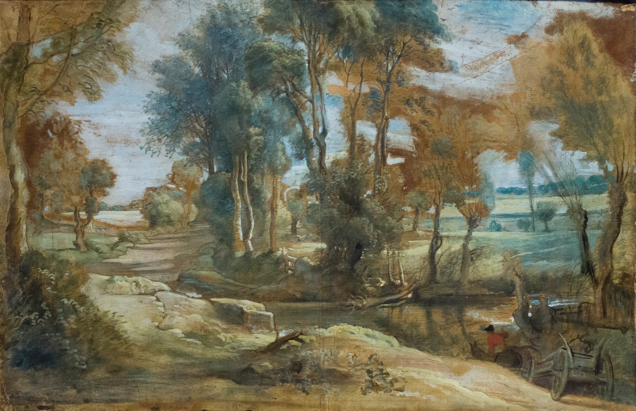 Vůz brodící potok, asi 1625-40 (černá křída a olej na papíře nalepeném na plátně) od Peter Paul Rubens