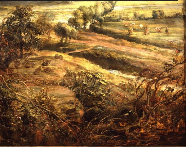Podzimní krajina s výhledem na Het Steen v časném ránu, kolem roku 1636 (olej na panelu) (detail 211075) od Peter Paul Rubens