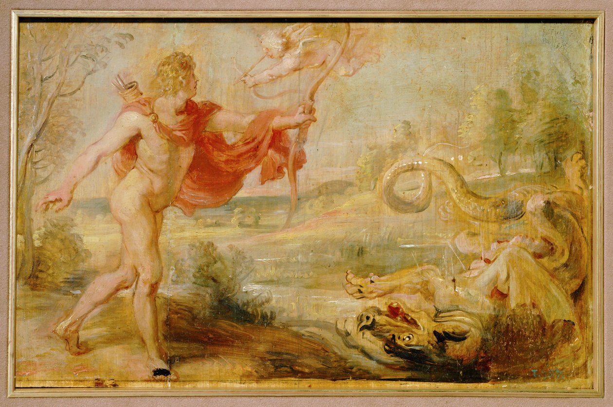 Apollón a hadí krajta (malba na dřevě) od Peter Paul Rubens