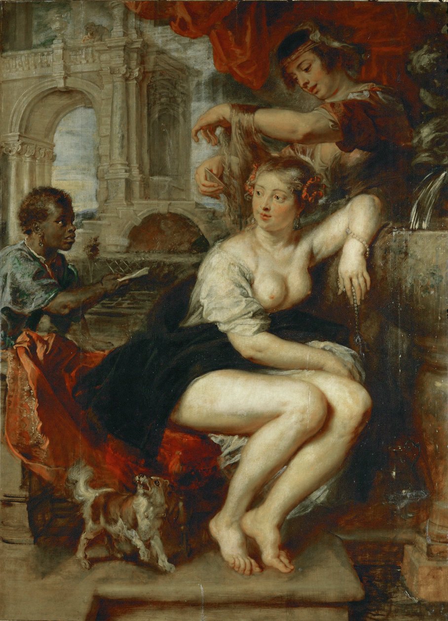 Batseba u studny, chlapec přináší dopis králi Davidovi (malba na dubovém dřevě) od Peter Paul Rubens