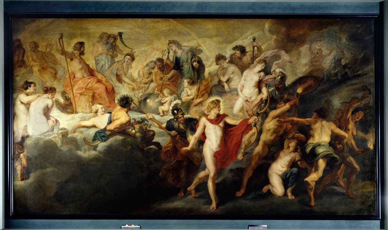 Cyklus Marie de Medicis: Koncert (neboli Rada) bohů pro vzájemná manželství Francie a Španělska, jednou řekl: Vláda královny. Alegorie vlády francouzské královny Marie de Medicis (1575-1642). Nalevo si Jupiter a Juno vzali Fr od Peter Paul Rubens