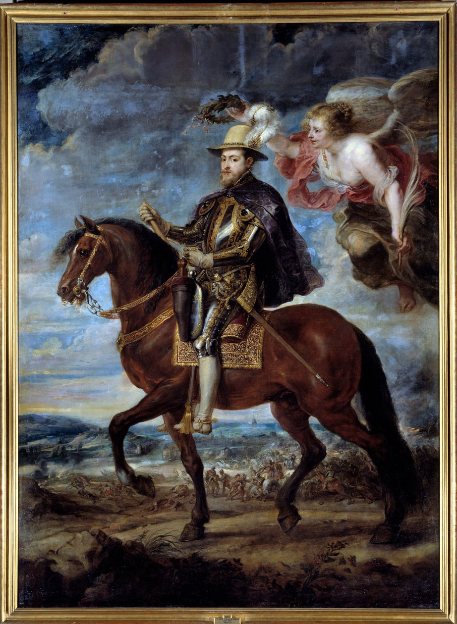 Jezdecký portrét Filipa II., španělského krále (1527-1598) Obraz Petra Pavla (Pierre-Paul) Rubense (nebo Petra Pavla či Petruse Pauluse) (1577-1640) 16. století ne. 3,14x2,28 m Madrid, muzeum Prado od Peter Paul Rubens