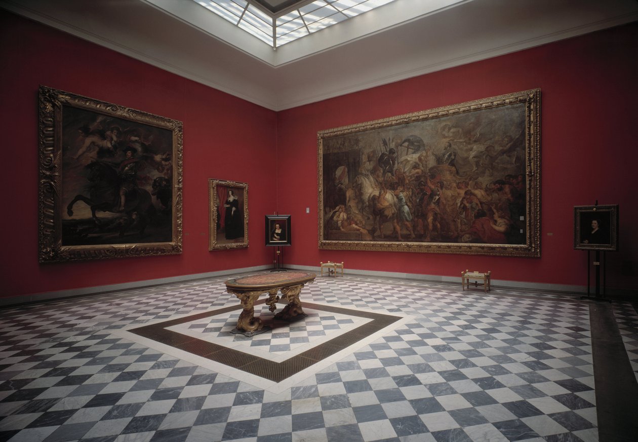 Sál muzea představující Jindřicha IV. v bitvě u Ivry a Triumfální vchod Jindřicha IV v Paříži od Rubense od Peter Paul Rubens