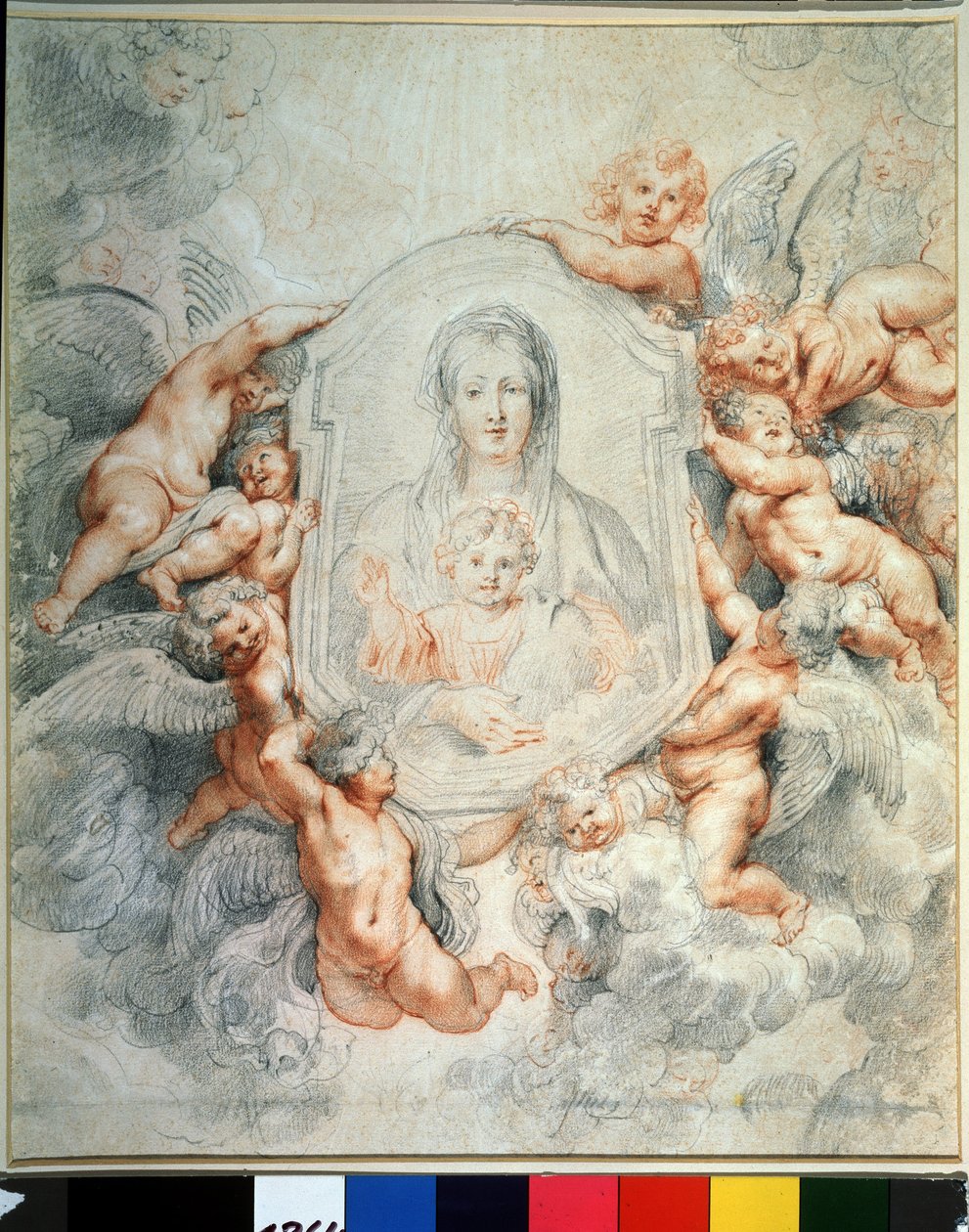 Panna a dítě zbožňované anděly (Madonna zbožňovaná anděly, Madonna della vallicella). Malování v malování. Kresba Peter Paul (Pierre-Paul) Rubens (nebo Peter Paul nebo Petrus Paulus) (1577-1640). Křída a červená křída na papíře, 40,4 x 37 cm od Peter Paul Rubens