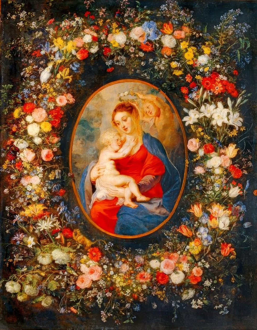 Panna, Ježíšek a andělé uprostřed věnce z květin od Peter Paul Rubens