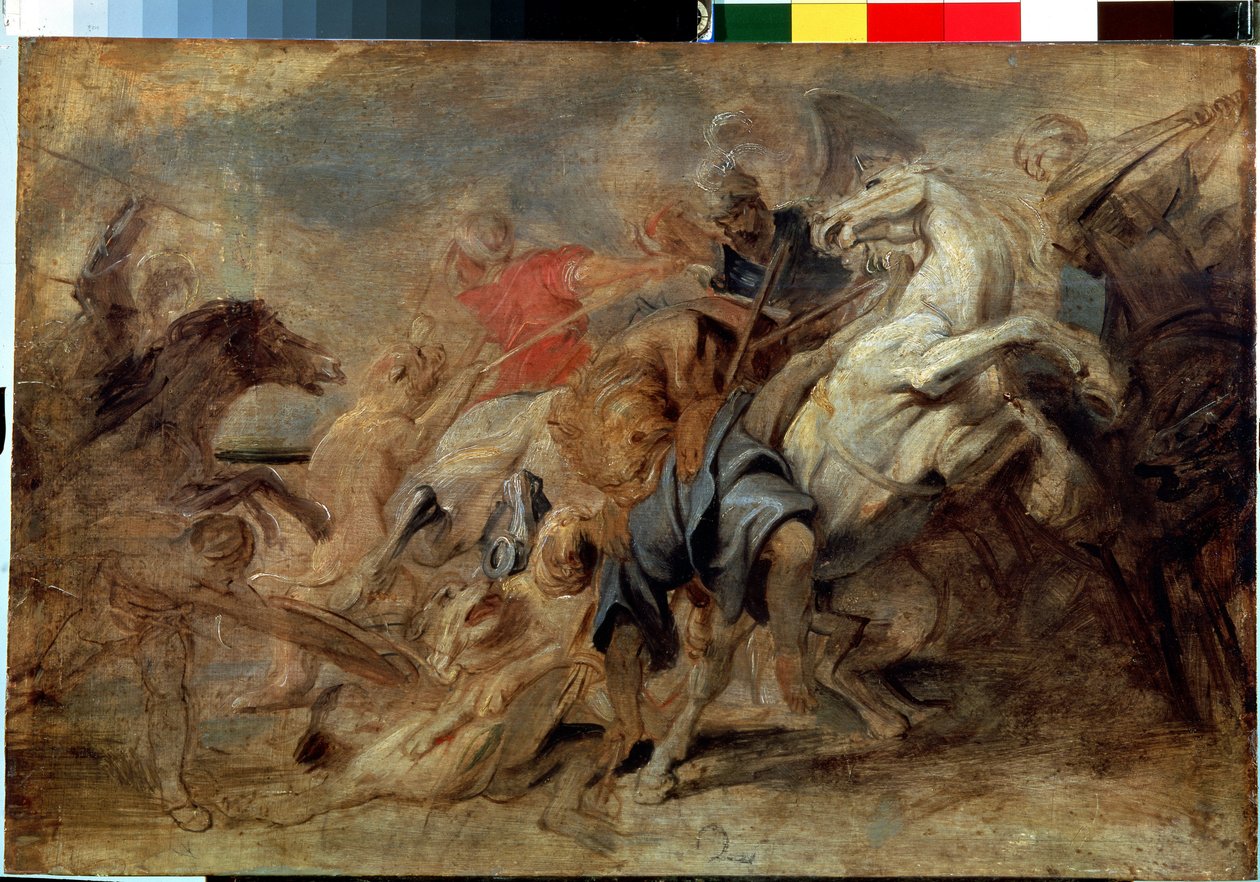 Lov na lva. Obraz Peter Paul (Pierre-Paul) Rubens (nebo Peter Paul nebo Petrus Paulus) (1577-1640). Olej na dřevě, Rozměr: 43 x 64 cm, kolem 1621. Vlámské umění, barokní styl. Muzeum Ermitáž, Petrohrad. od Peter Paul Rubens