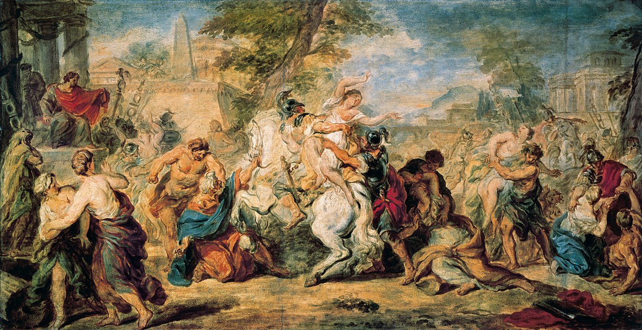 ""Znásilnění Sabinů"" Aby nahradili nedostatek žen, Romulus a Římané unesli ty ze svých sousedů, Sabines, kteří se je pokusili vzít zpět násilím. Bitvě se vyhneme díky Sabinům, kteří zasahují mezi válečníky, na od Peter Paul Rubens