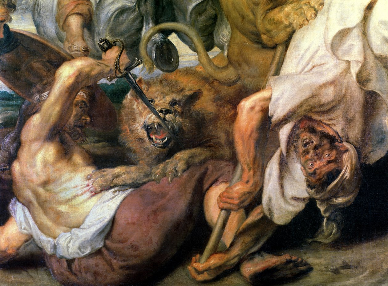 Lov lva, detail dvou mužů a lva, 1621 od Peter Paul Rubens