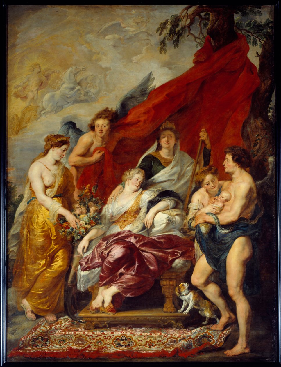 Ludvík XIII. se narodil ve Fontainebleau 27. září 1601. Jeho matka Marie de Medicis (Maria de Medici) sedí na trůnu a dívá se na nové ne. Obraz Pierre Paul (Pierre-Paul) Rubens (nebo Peter Paul nebo Petrus Paulus) (1577-1640) od Peter Paul Rubens