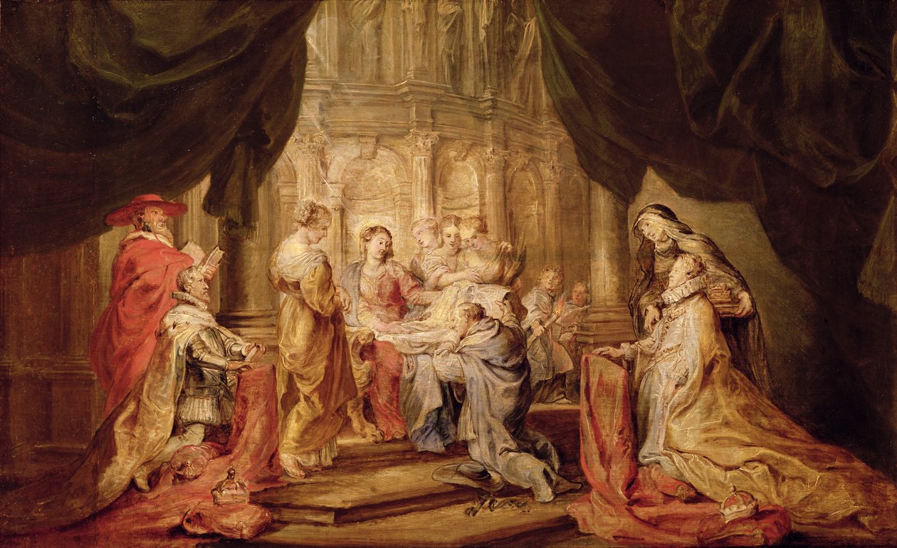 Mary Giving Ildefonso, arcibiskup z Toleda, s arcivévodou Albrechtem VII. a jeho patronem svatým Albertem z Lowenu vlevo a infantkou Isabellou Clairou Eugenií a její patronkou svatou Alžbětou Uherskou vlevo (náčrt pro oltář od Peter Paul Rubens