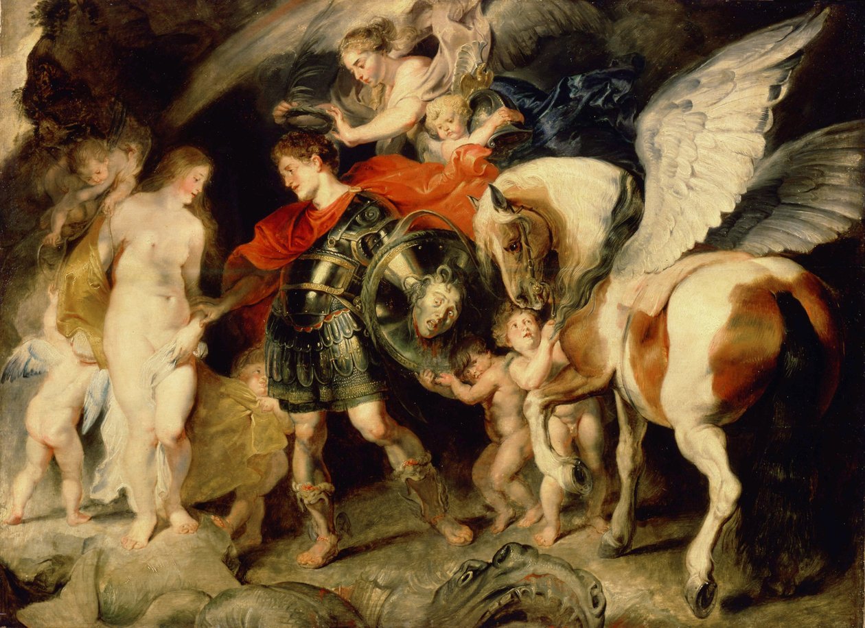 "Perseus a Andromeda" (Perseus a Andromeda) Andromedu připoutanou ke skále doručuje Persee doprovázený Pagasem. Na štítě má hlavu Medúzy, kterou zabil. Obraz Pierre Paul (Pierre-Paul) Rubens (nebo Peter Paul nebo Petrus Paulus) (1 od Peter Paul Rubens