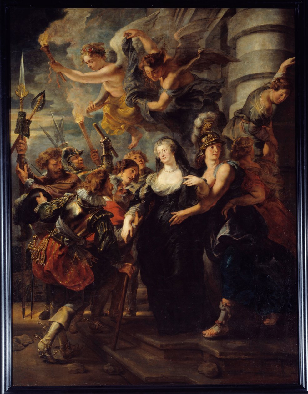 Královna Marie de Medicis (1573-1642) uprchla z Chateau de Blois v noci z 21. na 22. února 1619 Francouzská královna v exilu v Blois během „války matky a syna“ uprchla do Angouleme. Andělé s pochodněmi vedou královnu na správnou cestu. Bolest od Peter Paul Rubens