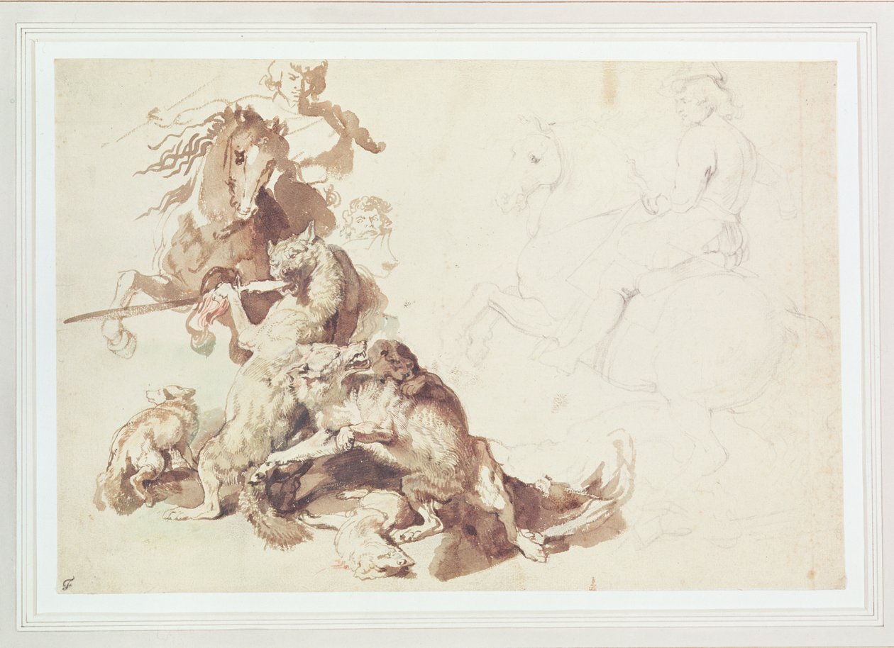 Skica k lovu vlka (tužka s akvarelem na papíře) od Peter Paul Rubens