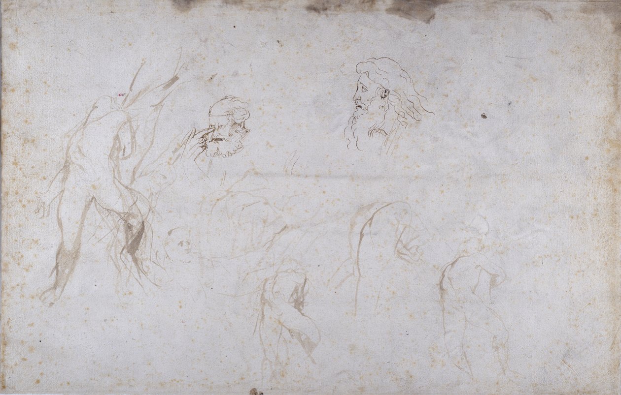Studie mužské postavy přivázané ke stromu a dvou mužských hlav, c.1601 (pero a inkoust na papíře) od Peter Paul Rubens