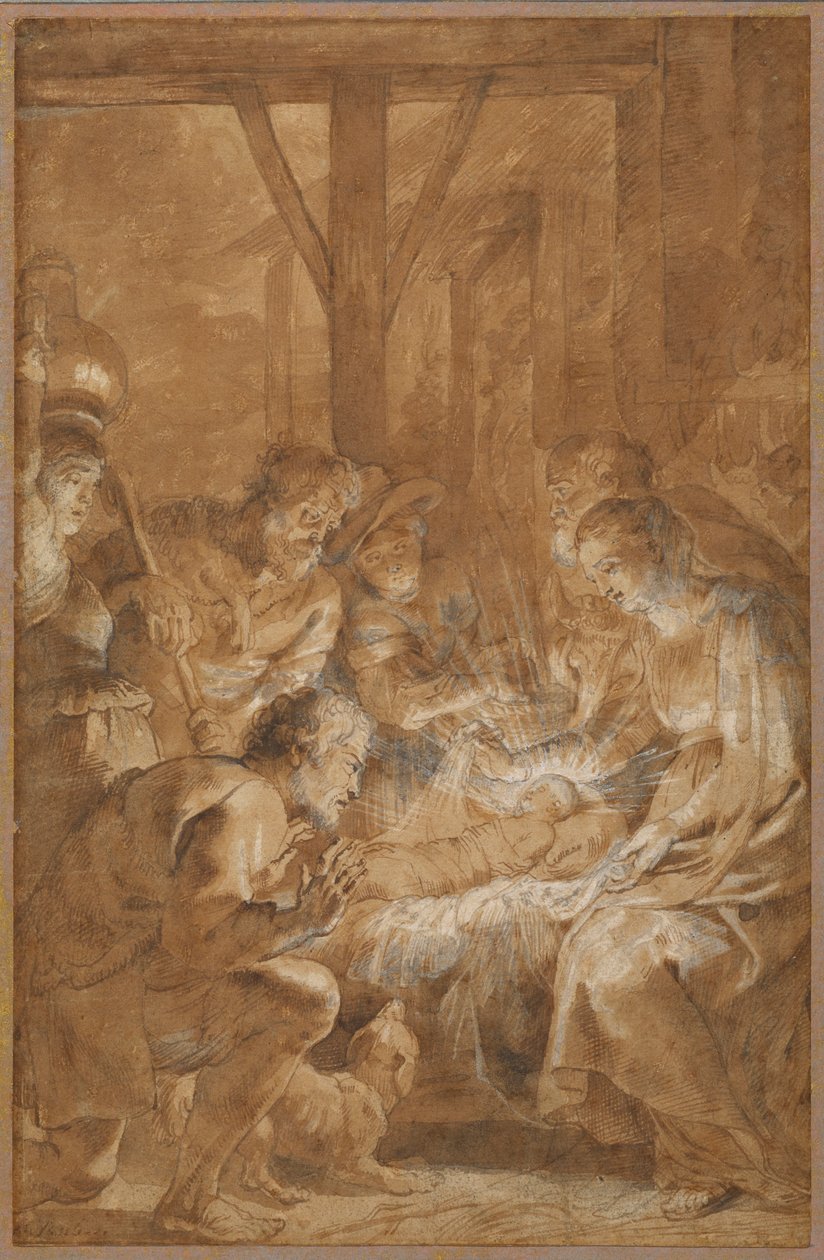 The Adoration of the Shepherds, c.1613-4 (pero a hnědý inkoust s hnědým praním a bílým kvašem) od Peter Paul Rubens