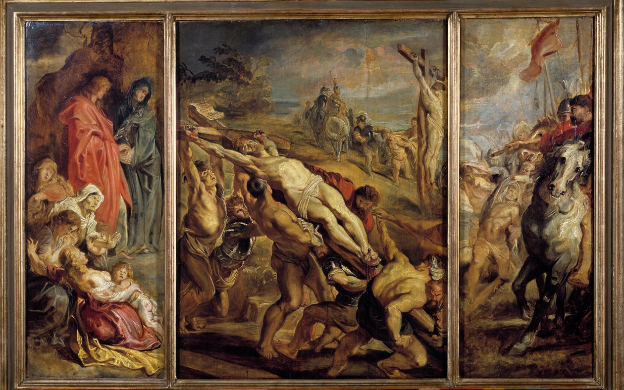 Vztyčení Triptych Cross od Pierra Paula (Pierre-Paul) Rubense (nebo Peter Paul nebo Petrus Paulus) (1577-1640) 17. století Sun. 0,68x1,07 m Paříž, Musee du Louvre od Peter Paul Rubens