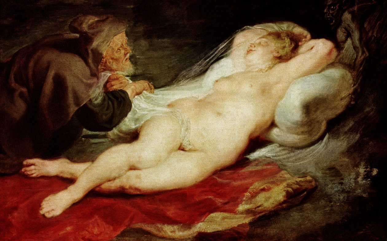 Poustevník a spící Angelika, 1626-28 (panel) od Peter Paul Rubens