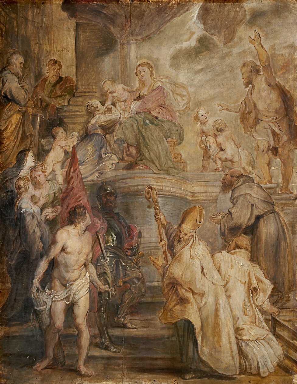 Mystický sňatek svaté Kateřiny (barevná skica pro oltář kostela augustiniánských otců v Antverpách), verso: dvě jezdecké bitvy od Peter Paul Rubens